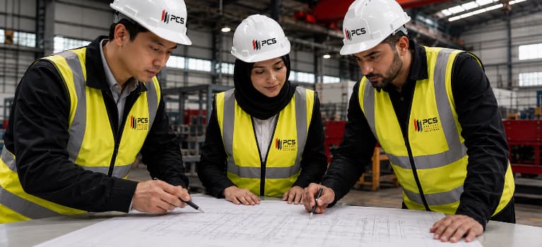 3 employés avec casques à discuter autour d'un plan