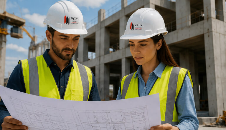 Un homme et femme ingénieurs de chantier qui étudient un plan 