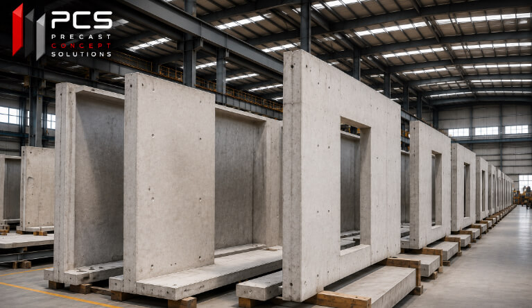 Alignement de mur préfabriqué dans un entrepôt.