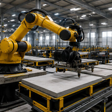 Robot posant une dalle de mur prefabriqué.