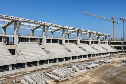 Un stade en construction avec mur et dalles préfabriqué.