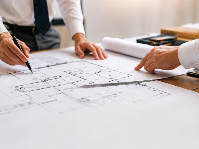Discussions autour d'un plan CAD d'un bâtiment en cours de construction.