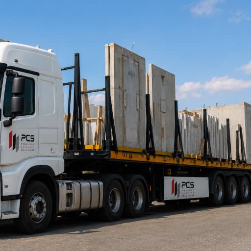 Un camion PCS rempli de mur préfabriqué.