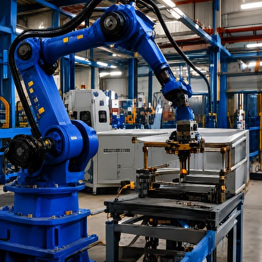 Un robot bleu qui travaille sur une pièce